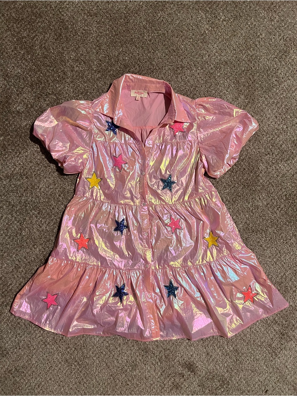 Peach Love California Iridescent Star Sequins Puff Sleeve Babydoll Dress M